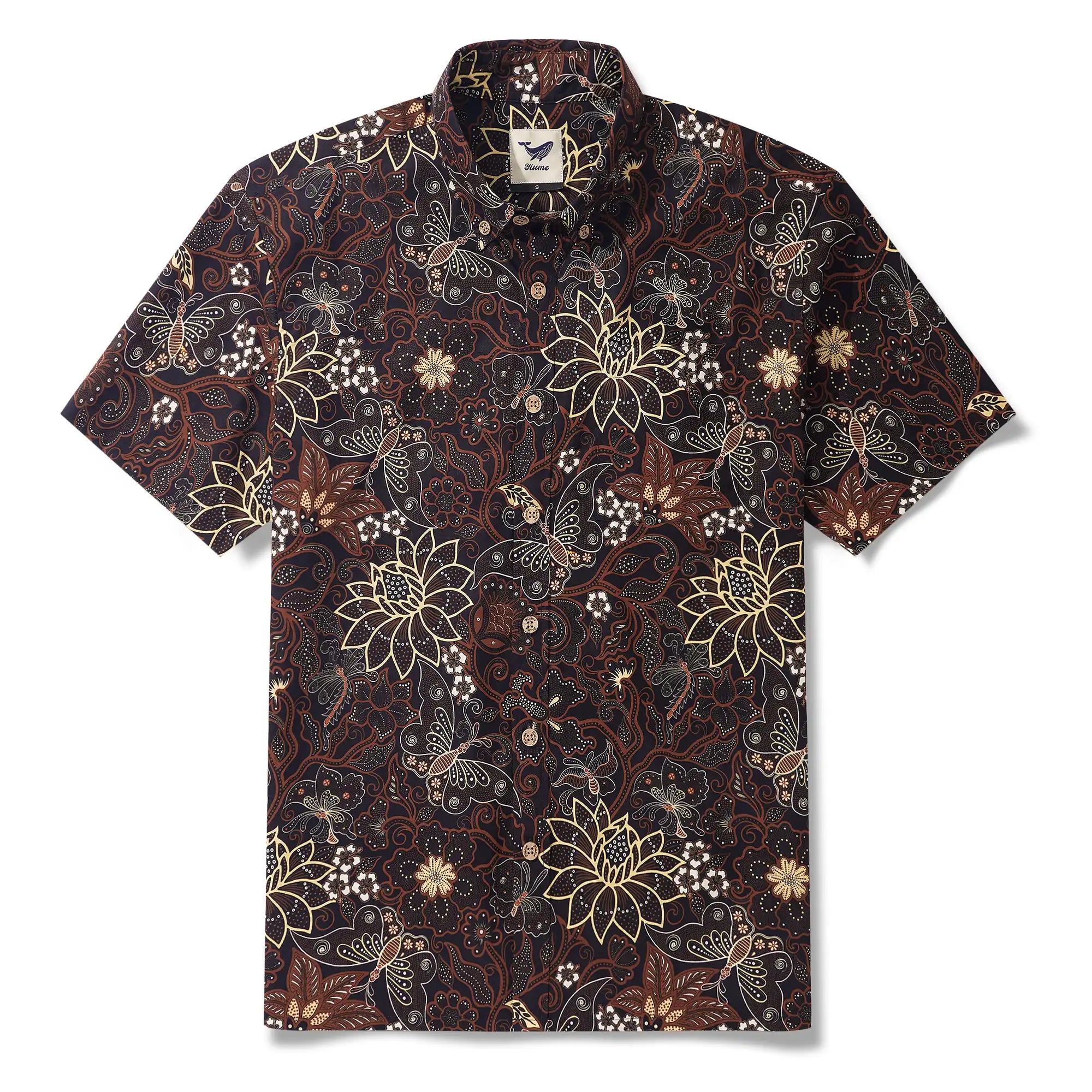 Men's Hawaiian Shirt Short Sleeve Button-down 100% Cotton Yellow Aloha Enchanting Blooms And Butterflies
