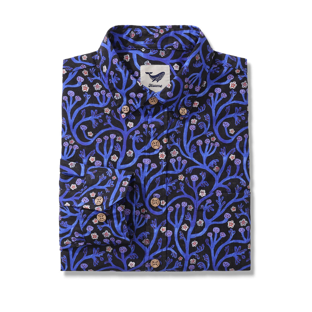 Men's Long Sleeve Hawaiian Shirt Midnight Garden Cotton Button-down Aloha Shirt Midnight Garden By Monika Forsberg
