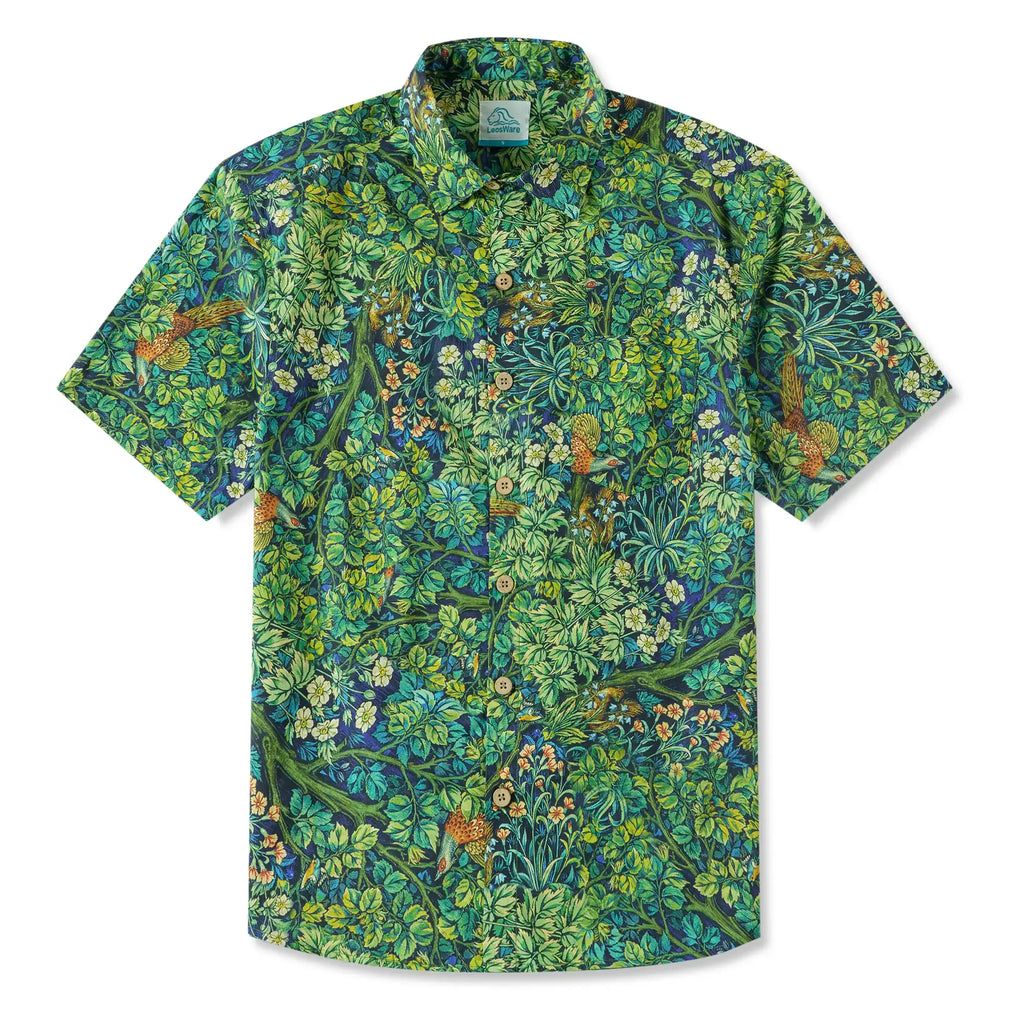 LeosWare® Men's Hawaiian Shirt Short Sleeve Button-up 100% Cotton Green Aloha Jungle Wonderland Art