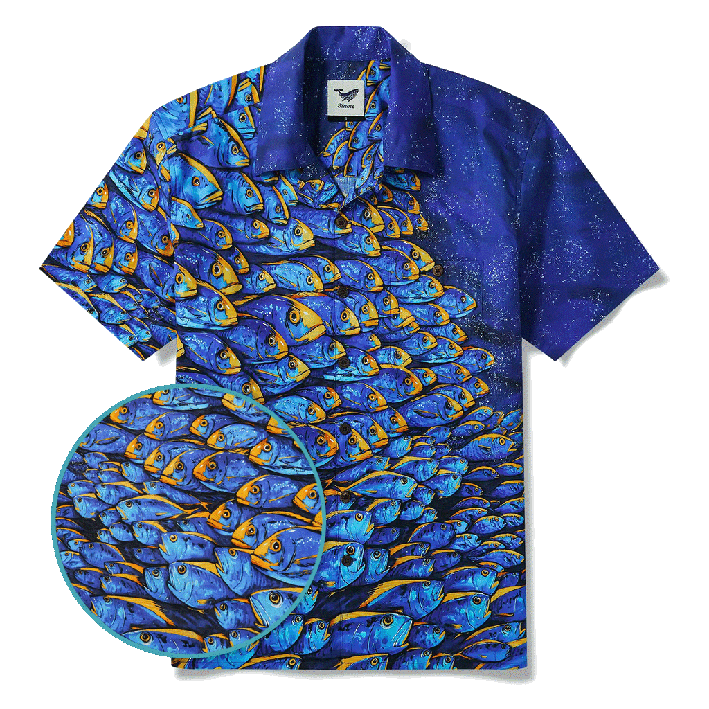 Men's Hawaiian Shirt Short Sleeve Camp Collar 100% Cotton Blue Aloha Ocean Fish Symphony