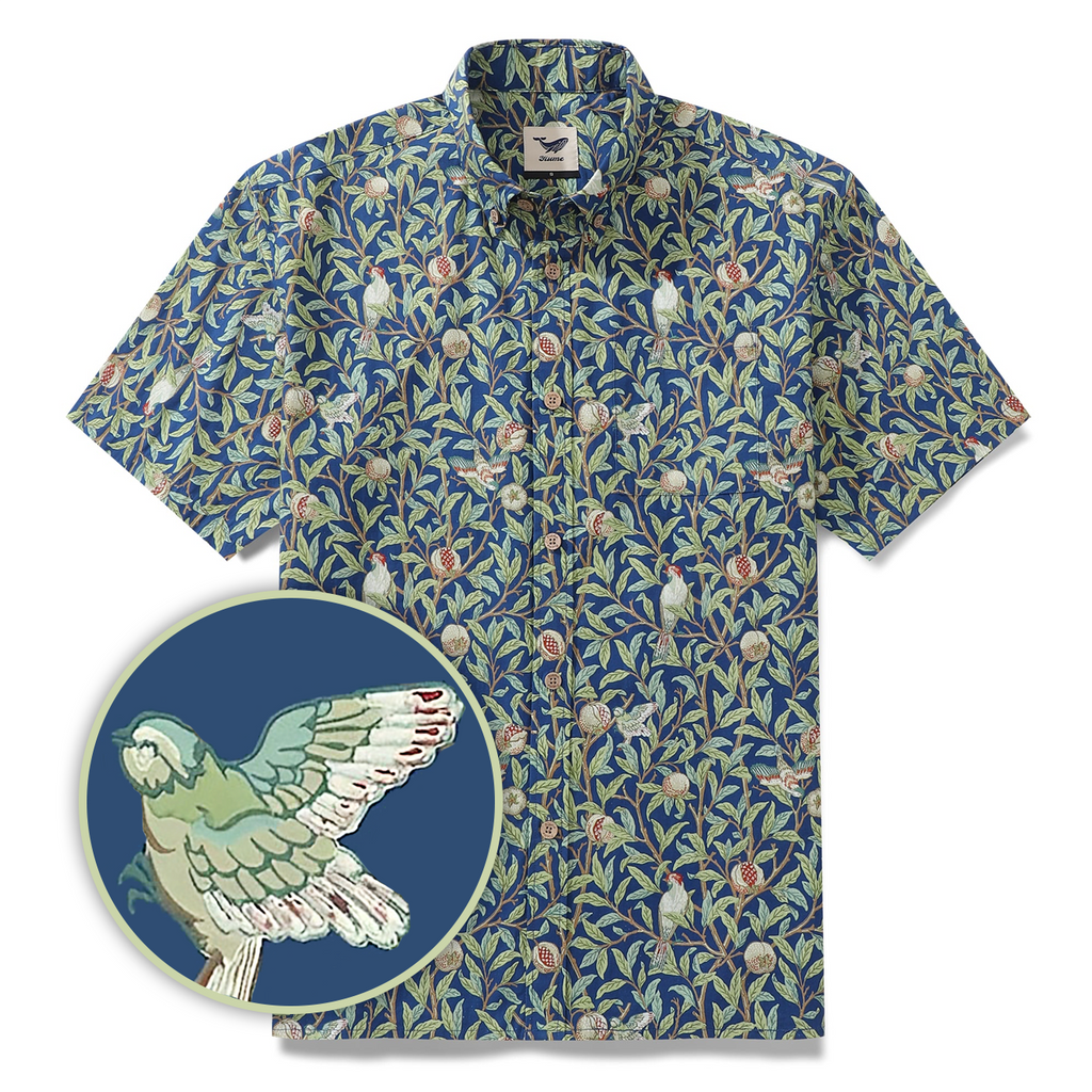 Men's Morris Hawaiian Shirt 1960s Retro Shirt Cotton Button-down Short Sleeve Aloha Shirt Birds And Pomegranates