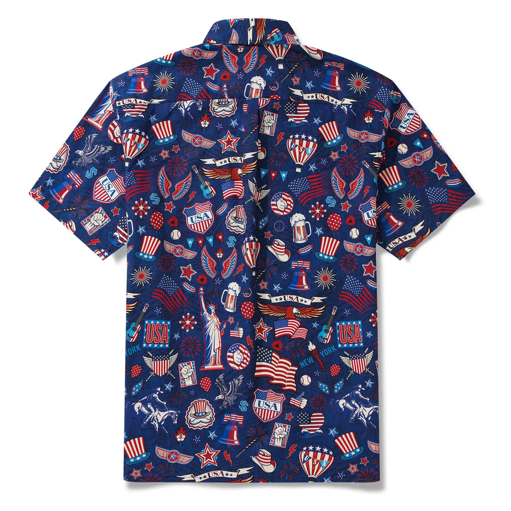 Men's Hawaiian Shirt Short Sleeve Button-down 100% Cotton Blue Aloha Liberty’s Patriot Canvas
