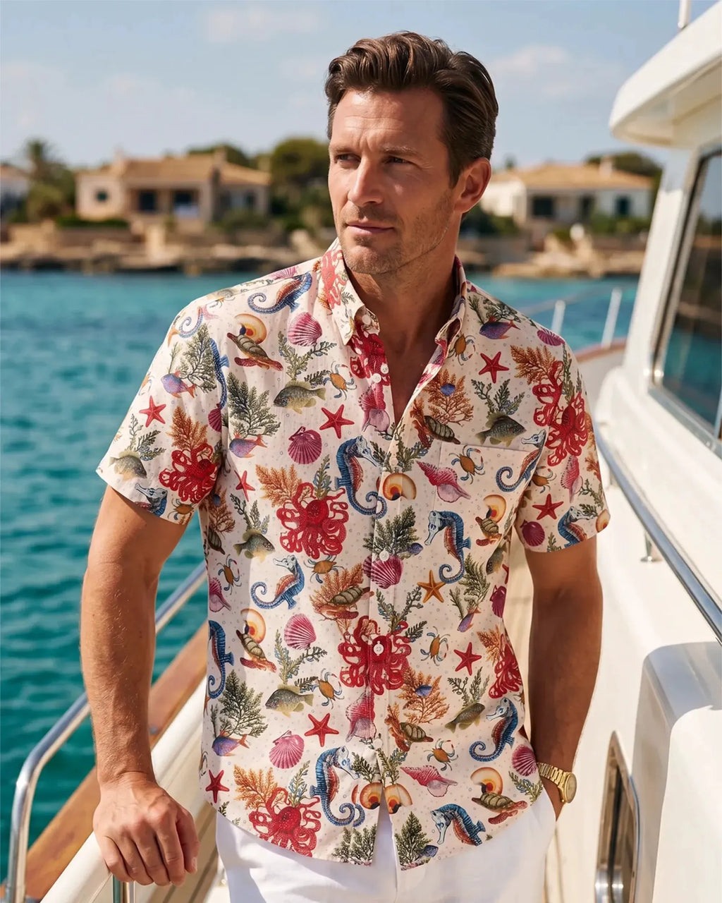 Yiume® Hawaiian Shirt For Men Shirt 100% Cotton Hawaiian Shirt Red Marine Life