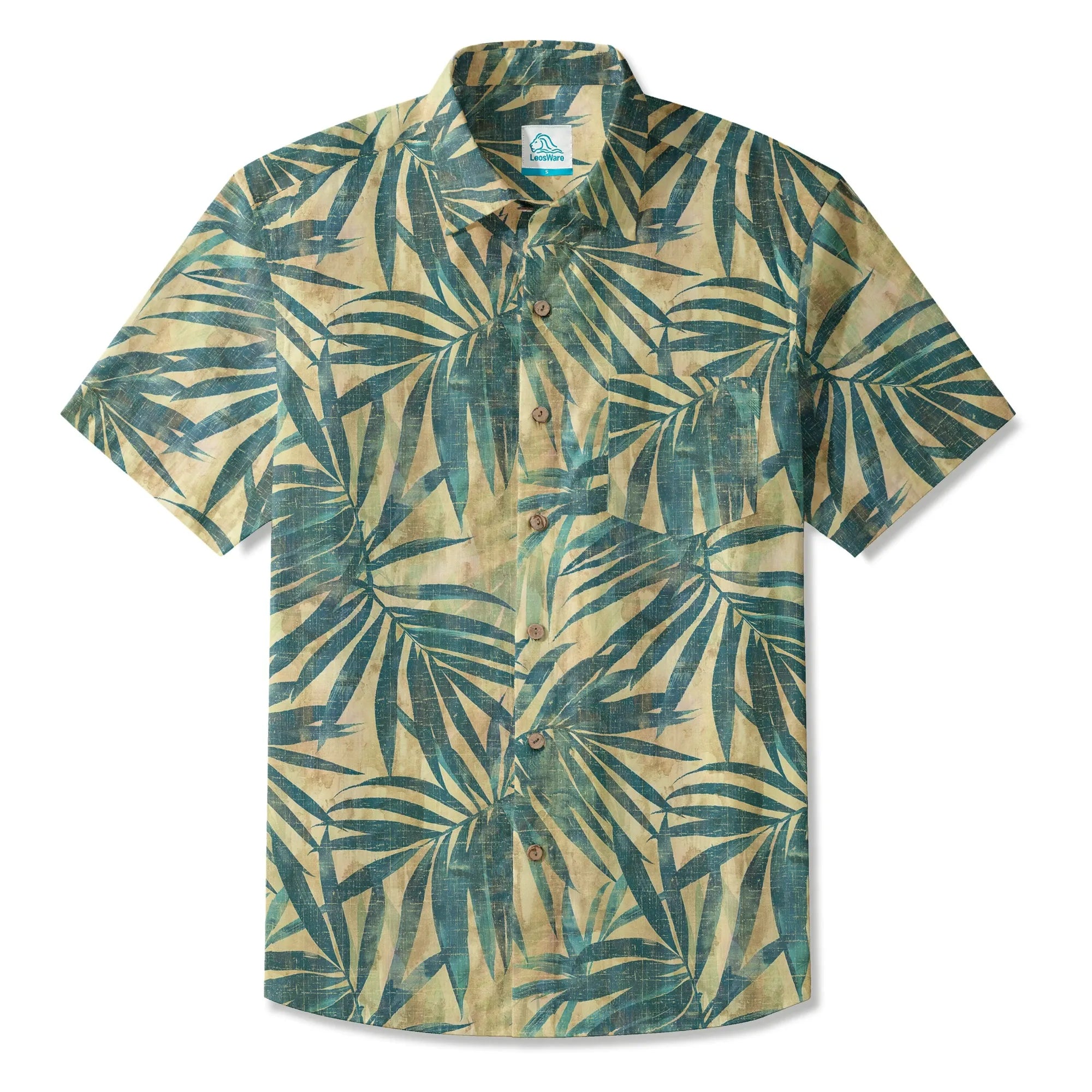 LeosWare® Men's Hawaiian Shirt Short Sleeve Button-up 100% Cotton Green Aloha Vintage Palm