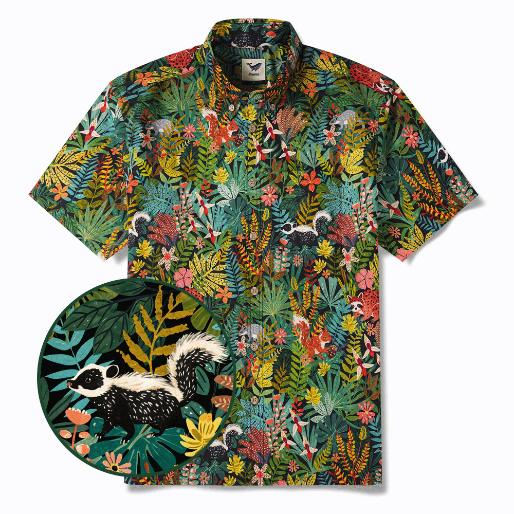 Squirrel Men's Hawaiian Shirt Short Sleeve Button-down 100% Cotton Green Aloha Forest Fairytale