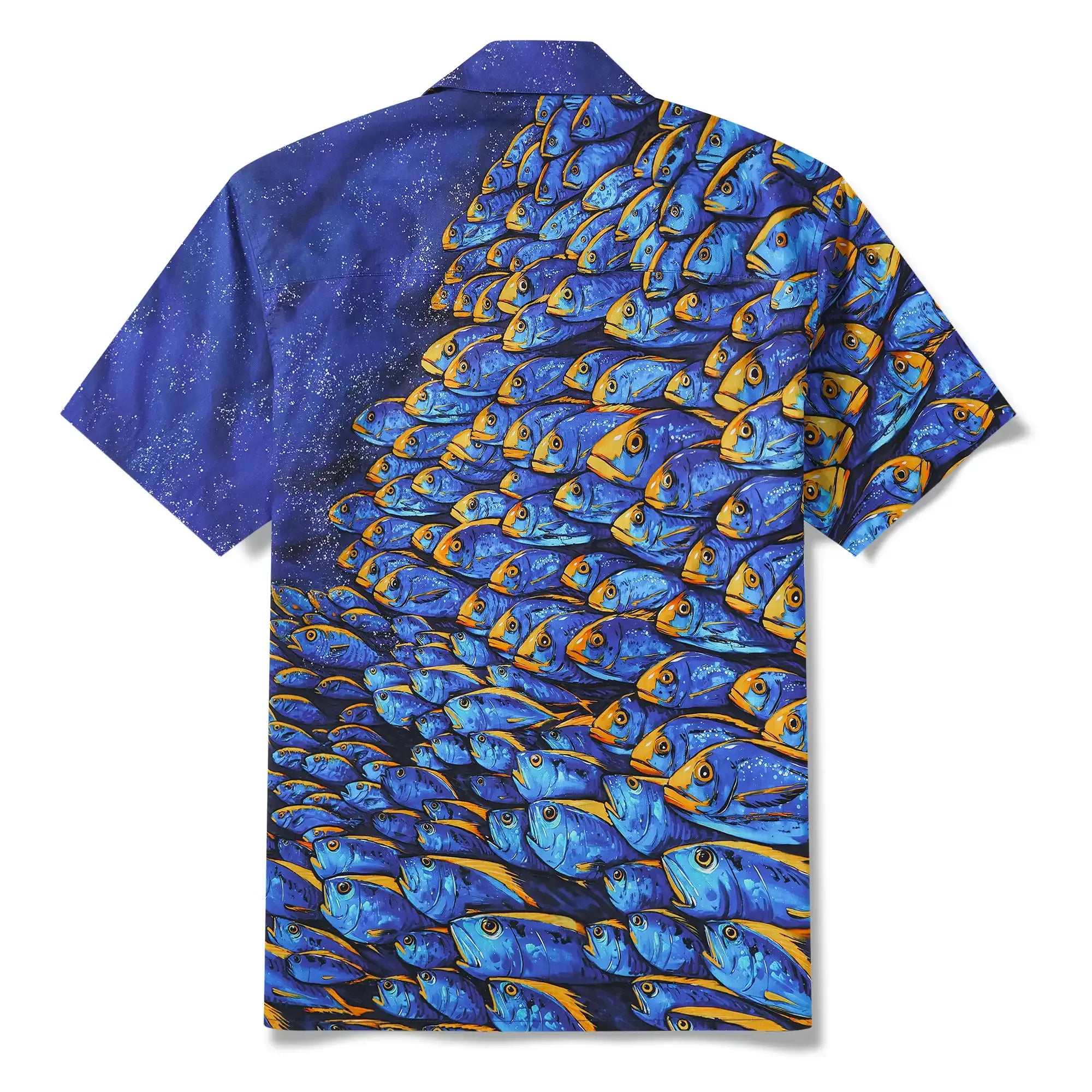Men's Hawaiian Shirt Short Sleeve Camp Collar 100% Cotton Blue Aloha Ocean Fish Symphony